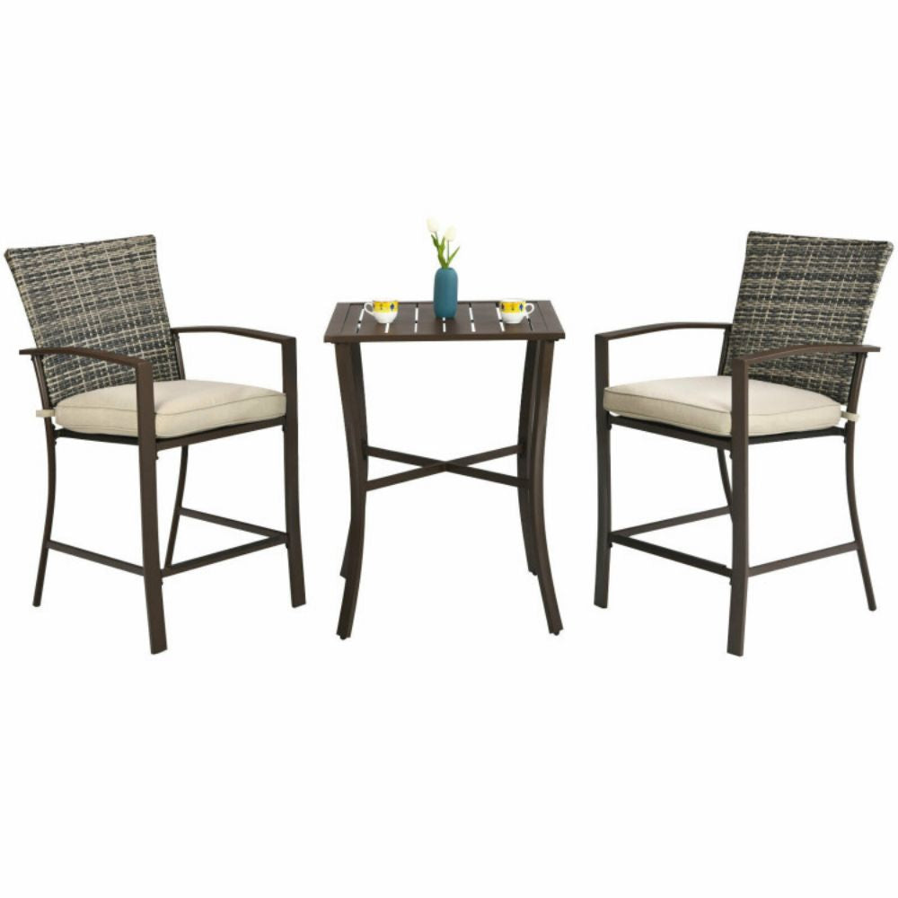 3-Pieces Rattan Patio Outdoor Conversation Furniture Set with Slat Table and Beige Cushions