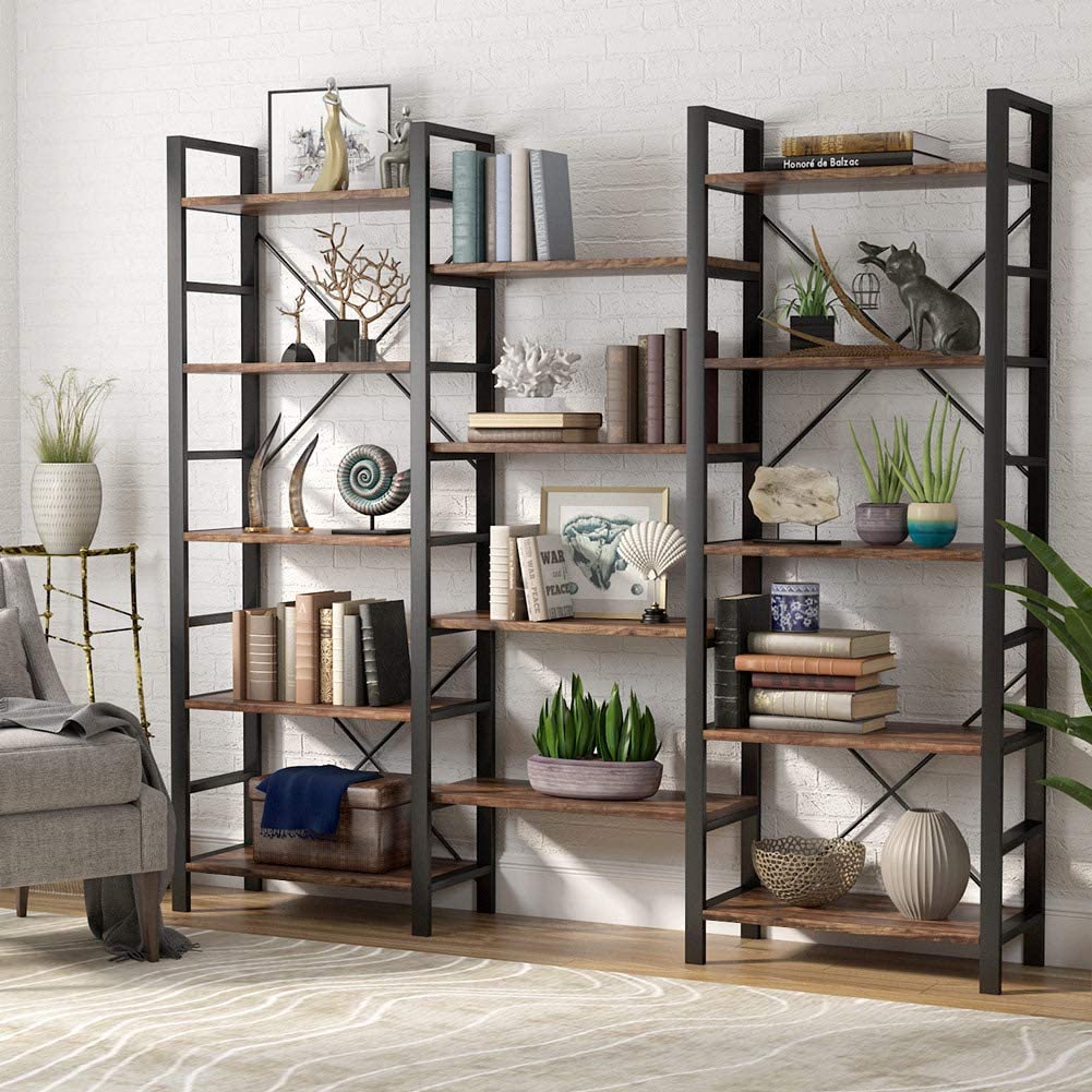 Triple Wide 5-Shelf Bookcase, Etagere Large Open Bookshelf Vintage Industrial Style Shelves Wood and Metal bookcases Furniture for Home & Office (Retro Brown)