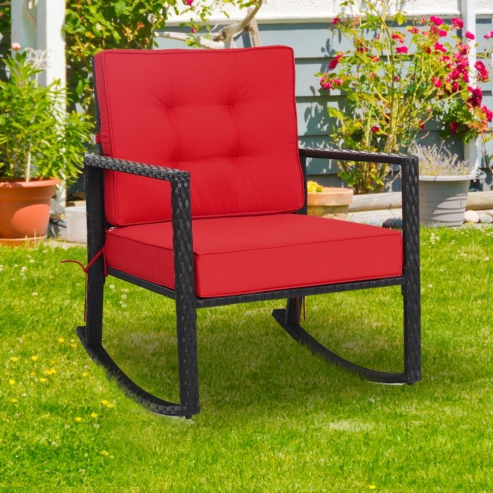 Patio Rattan Wicker Rocking Chair Outdoor Rocking Chair with Red Cushions