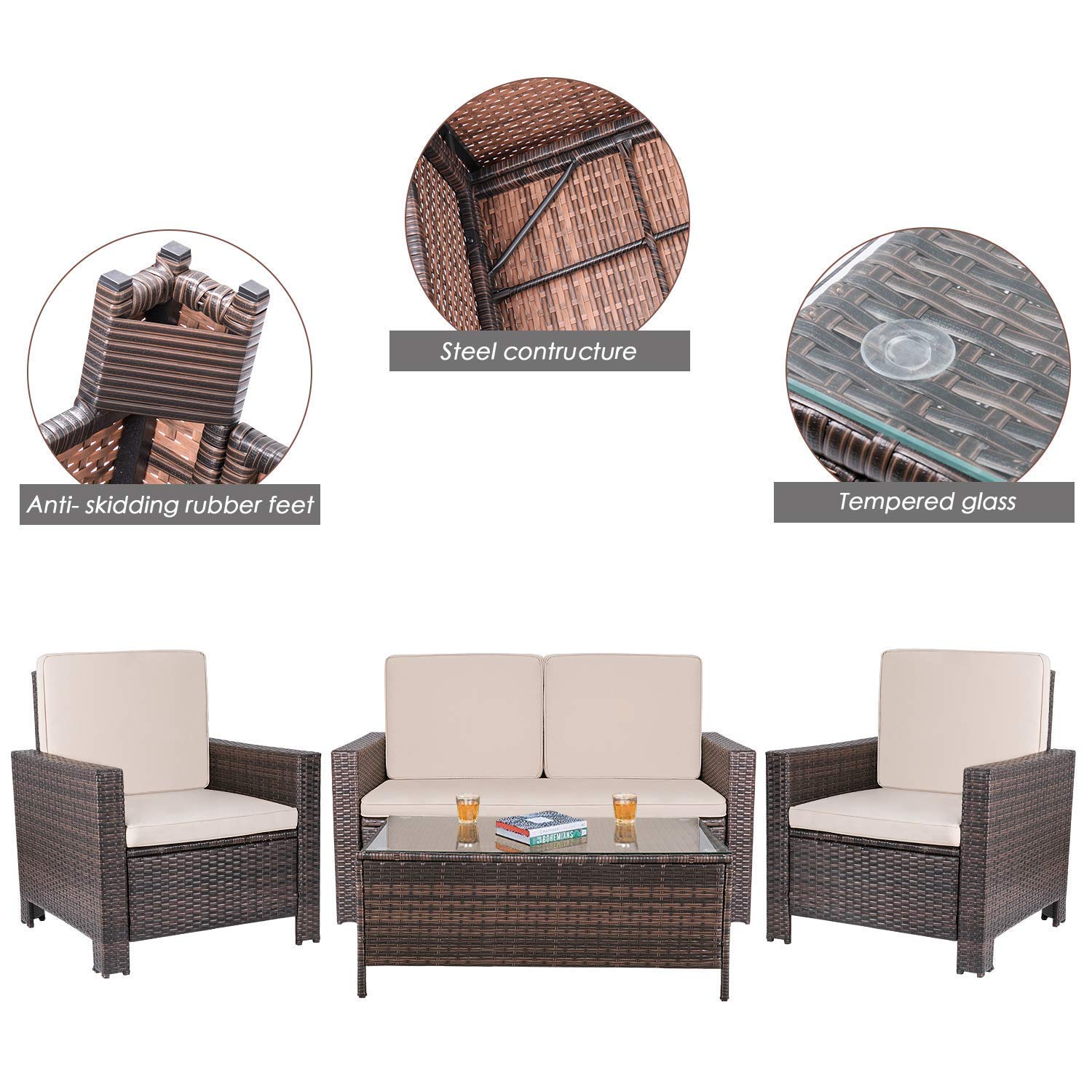 SUGIFT 4 Pieces Outdoor Patio Furniture Sets Rattan Chair Wicker Conversation Sofa Set, Outdoor Indoor Backyard Porch Garden Poolside Balcony Use Furniture, Beige