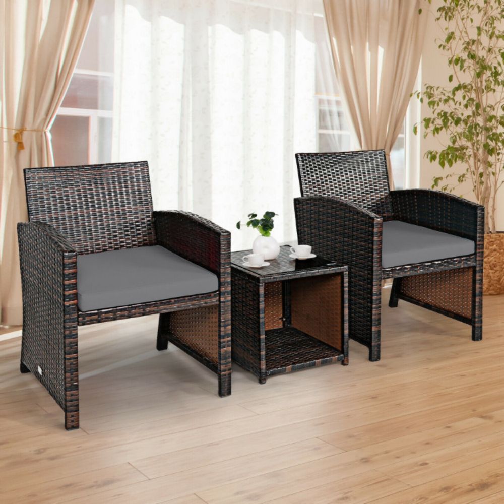 3-Piece Rattan Wicker Patio Conversation Set with Gray Cushions