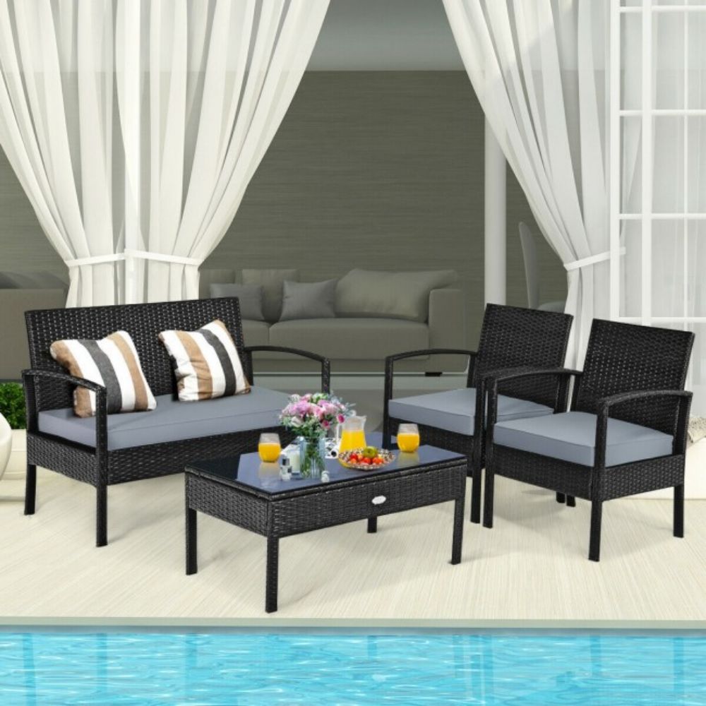 4-Pieces Rattan Wicker Patio Conversation Set with Black Cushions