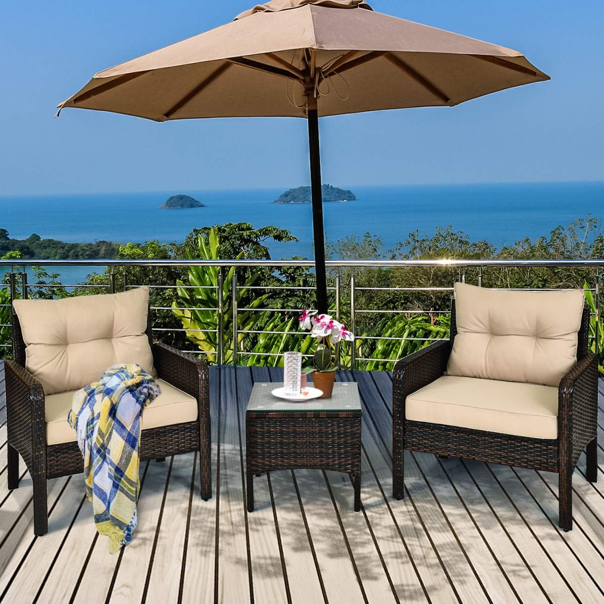 3-Pieces Outdoor Wicker Patio Conversation Furniture Set with Beige Cushion