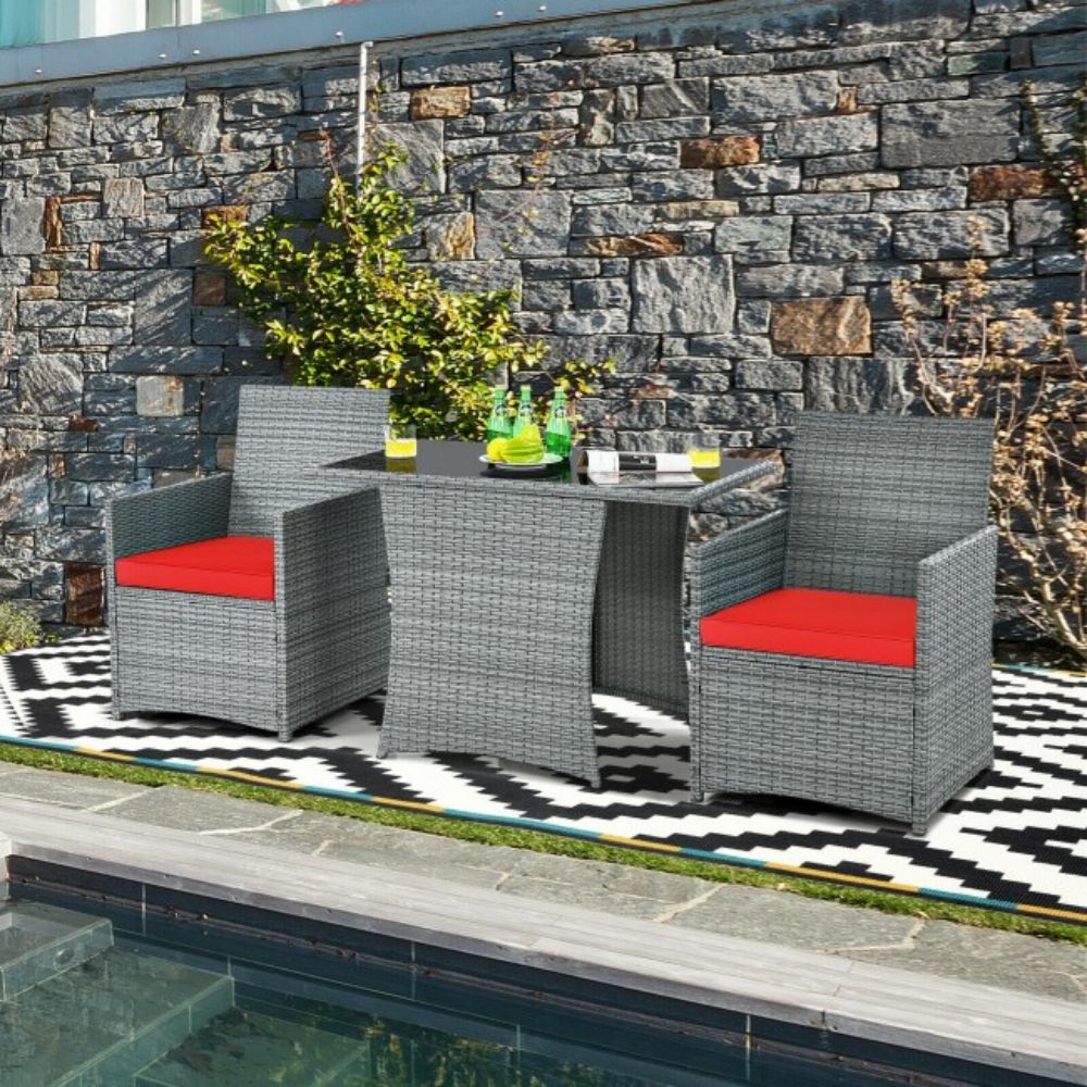 3-Piece Patio Rattan Wicker Outdoor Bistro Set Dining Table Set with Red Cushions