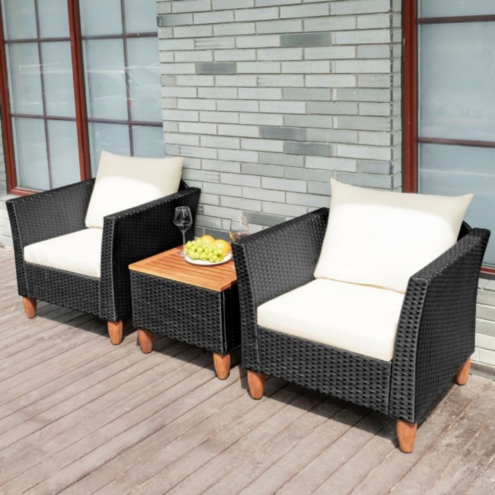 3-Pieces Outdoor Patio Rattan Conversation Set with White Cushions