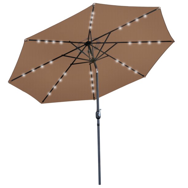 SUGIFT Tan Patio Umbrella 8 Ribbed Strong Light Weight Aluminum Frame with Crank Sunny UV Resistant Yard Parasol with 32 LED Lights - 10FT