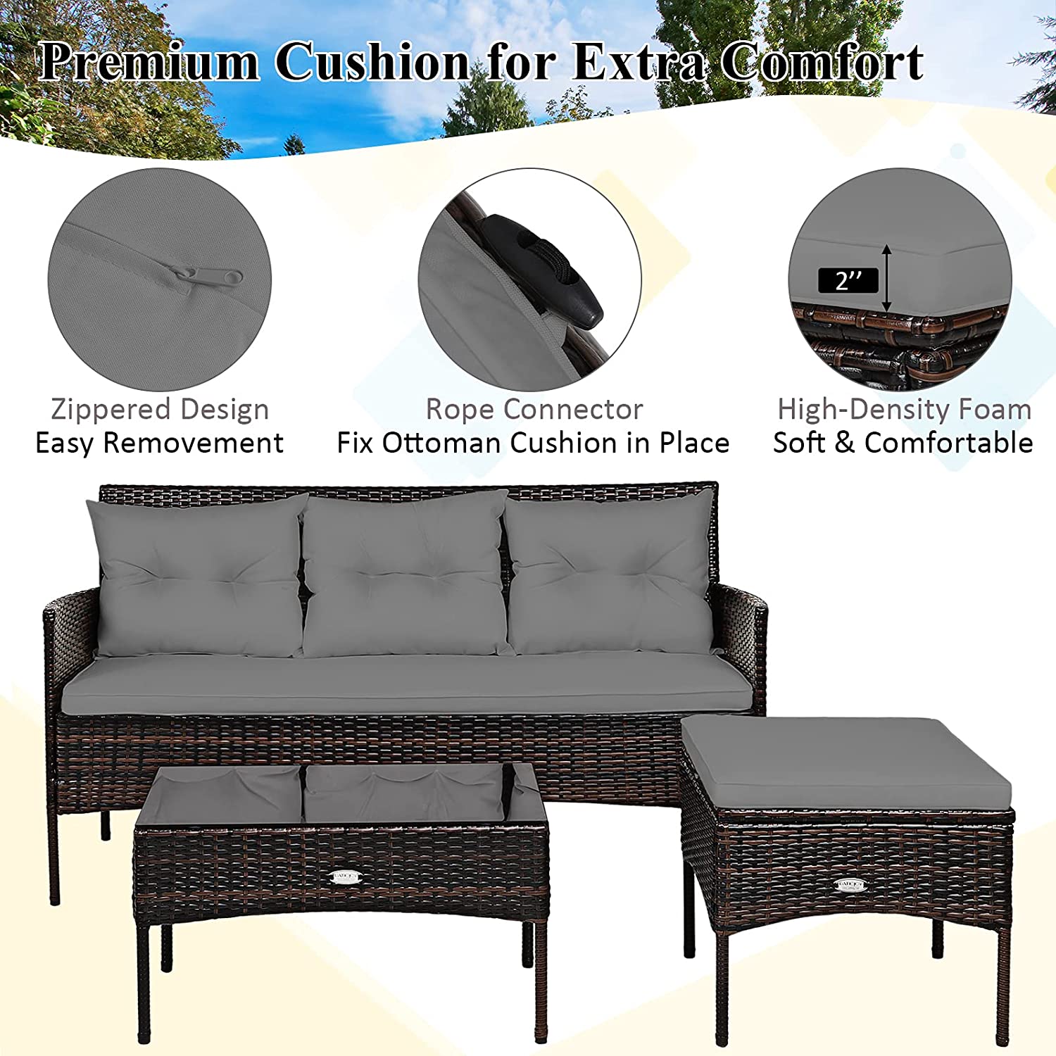 3-Piece Wicker Outdoor Sectional Conversation Set with 5 Gray Seat and Back Cushions