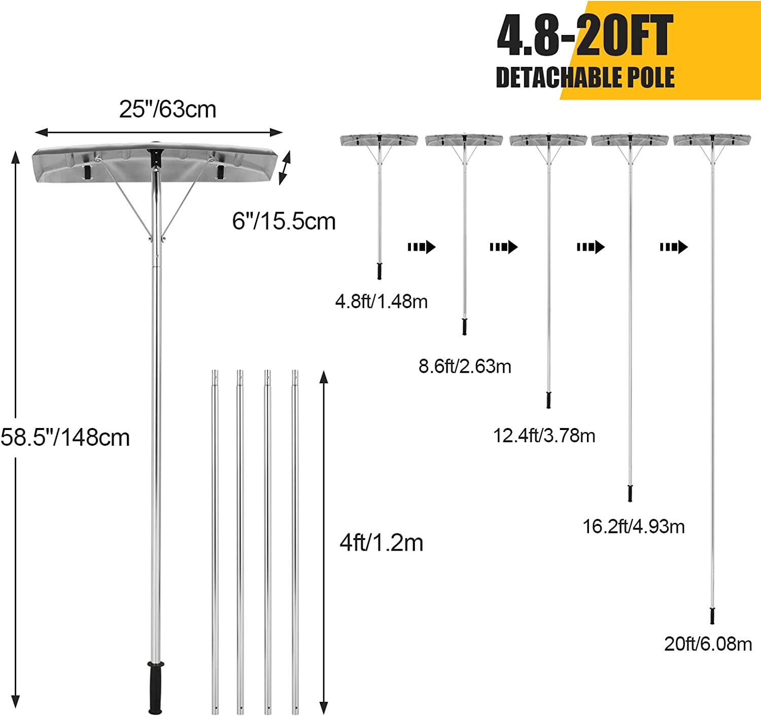 240 in. Plastic Handle Sectional Aluminum Snow Roof Rake with Built-in Wheels