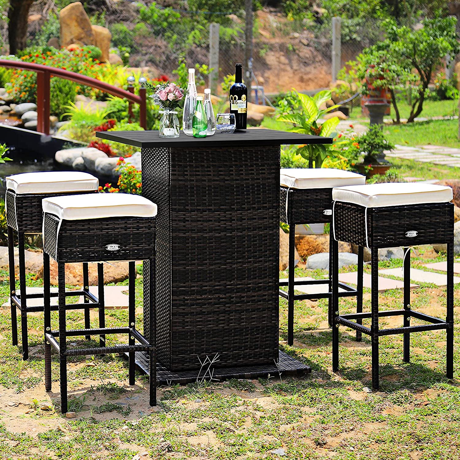 5-Piece Patio Wicker Rattan Outdoor Dining Set with Hidden Storage Shelf and Beige Cushions