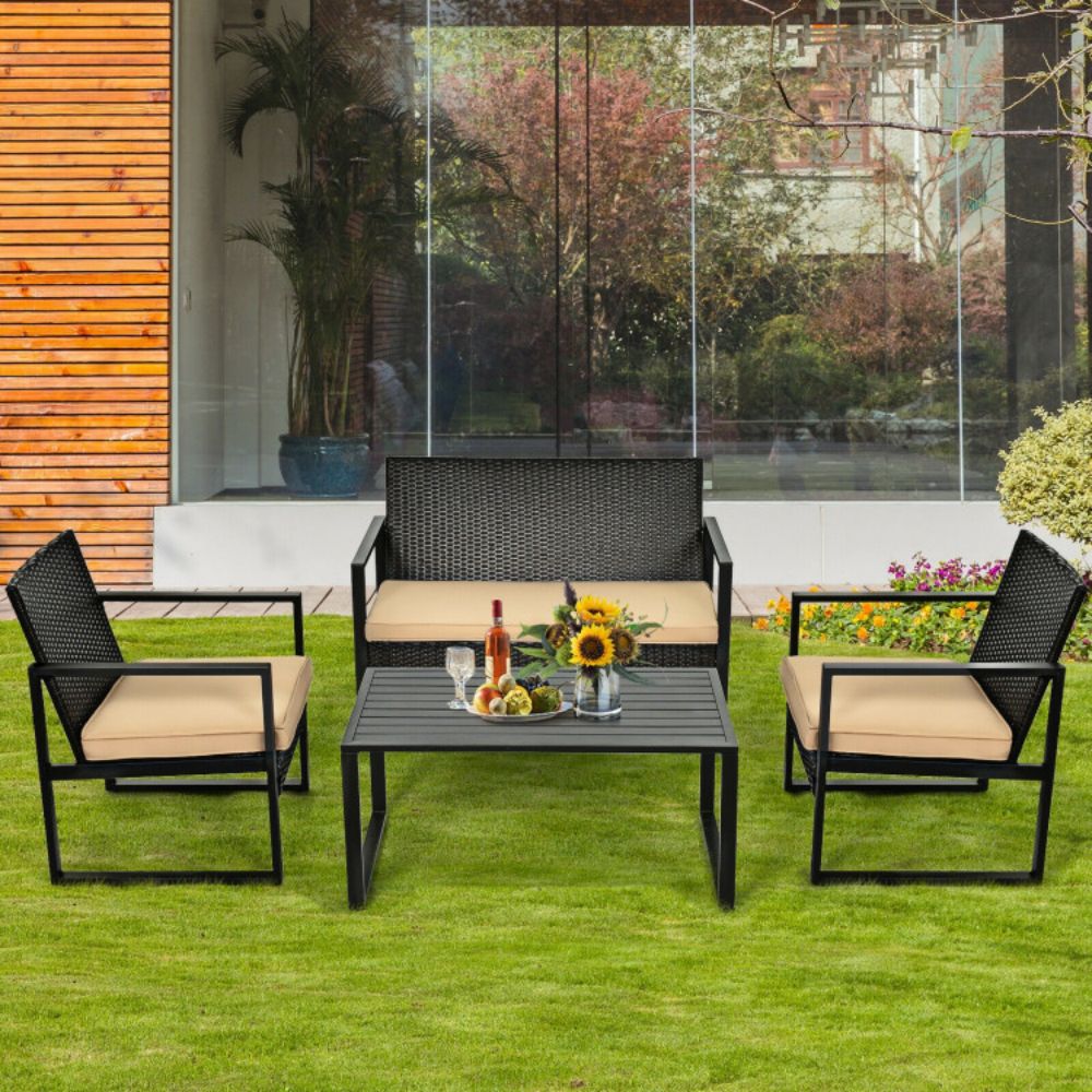 4-Piece Outdoor Patio Rattan Conversation Set with Brown Cushions and Coffee Table