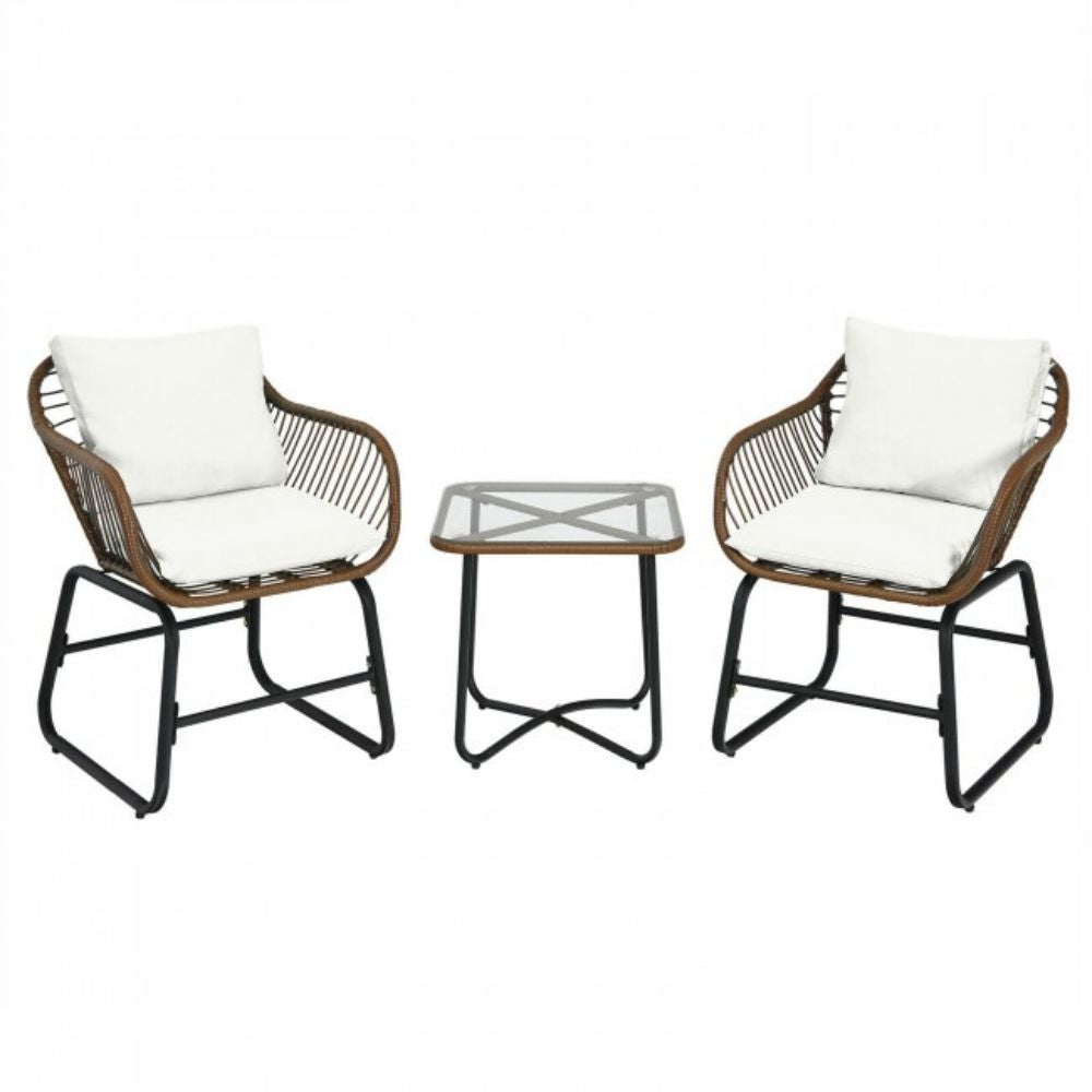 3-Piece Wicker Outdoor Bistro Bistro Set with White Cushion and Glass Table