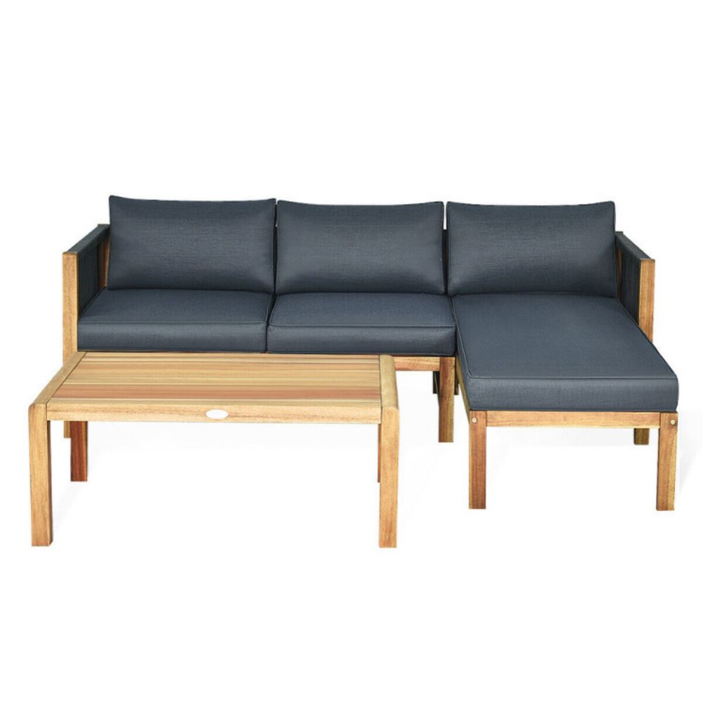 3-Piece Acacia Wood Patio Conversation Set Sofa with Dark Grey Cushions