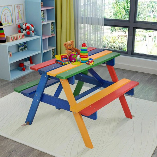 Kids Picnic Table with Umbrella 4 Seat Table Chair Set