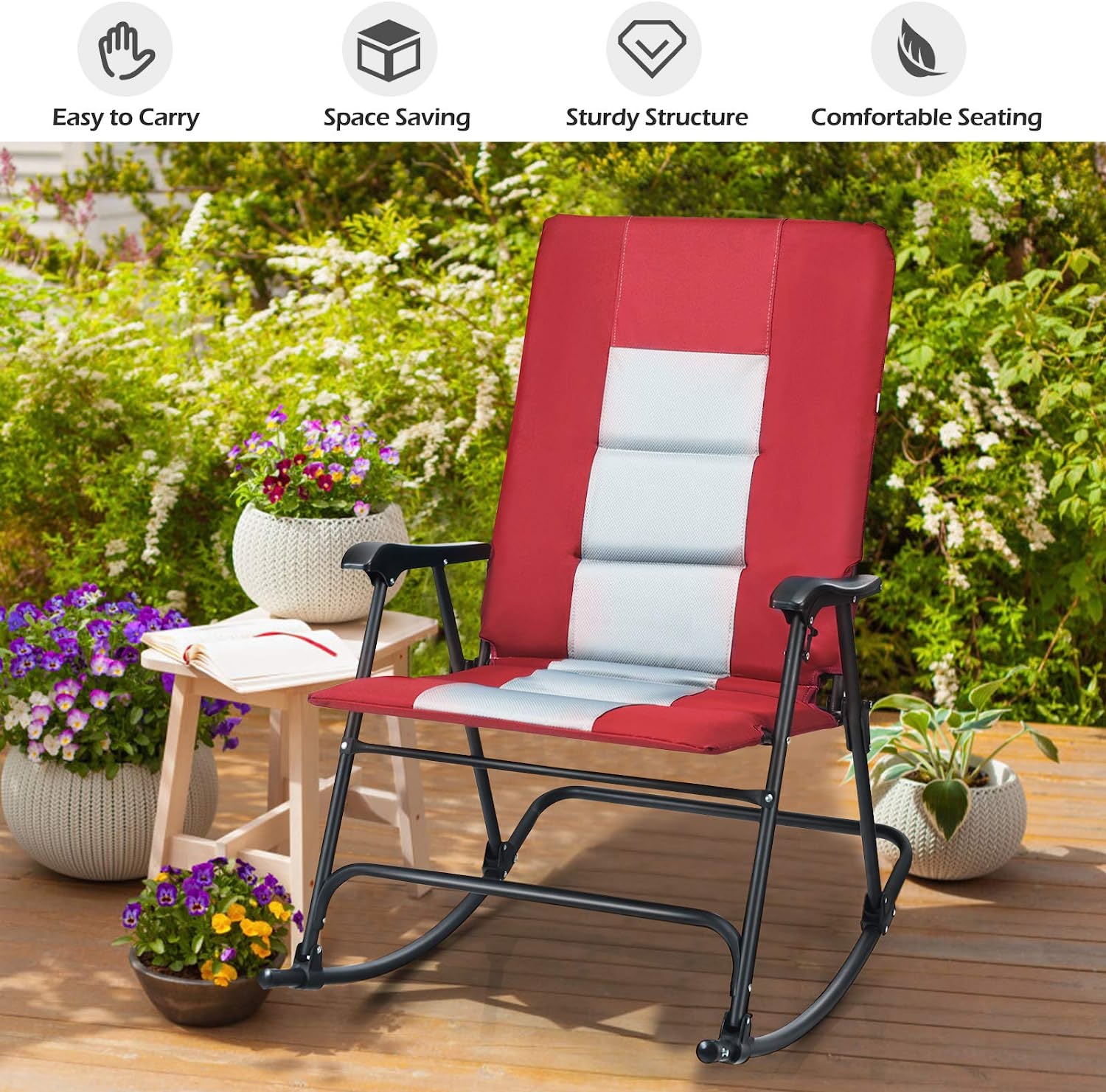 Metal Foldable Padded Portable Camping Outdoor Rocking Chair in Red with Backrest and Armrest