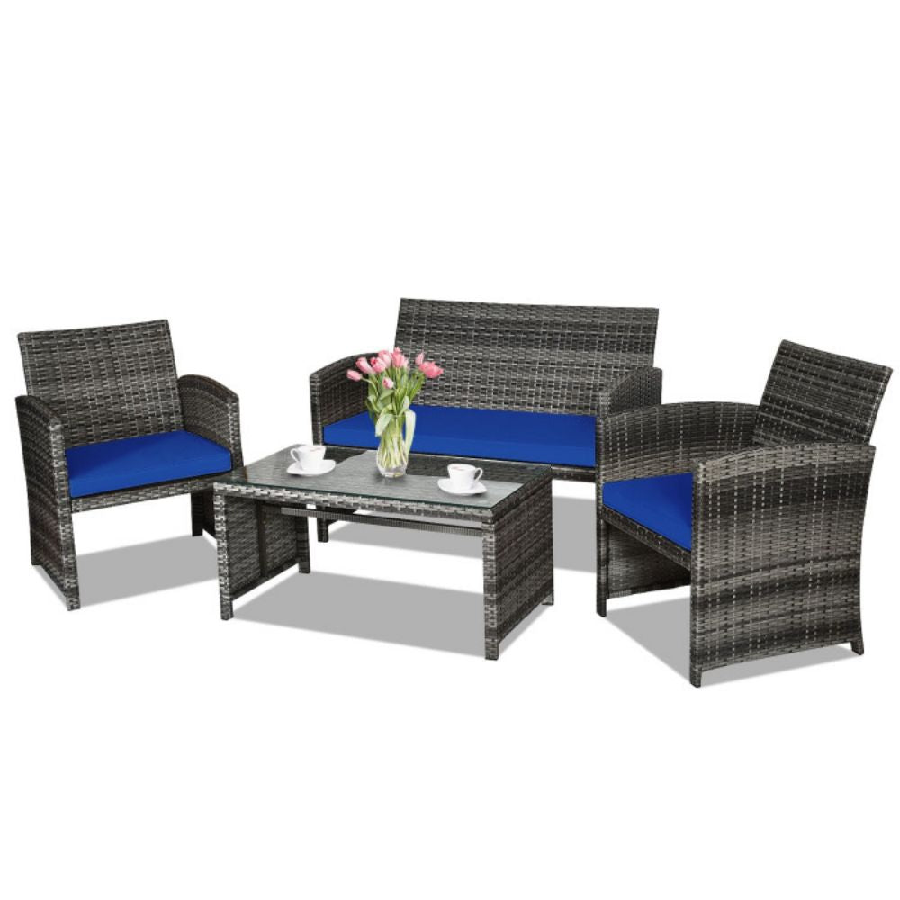 4-Piece Outdoor Wicker Conversation Furniture Set with Navy Cushions and Tempered Glass Table