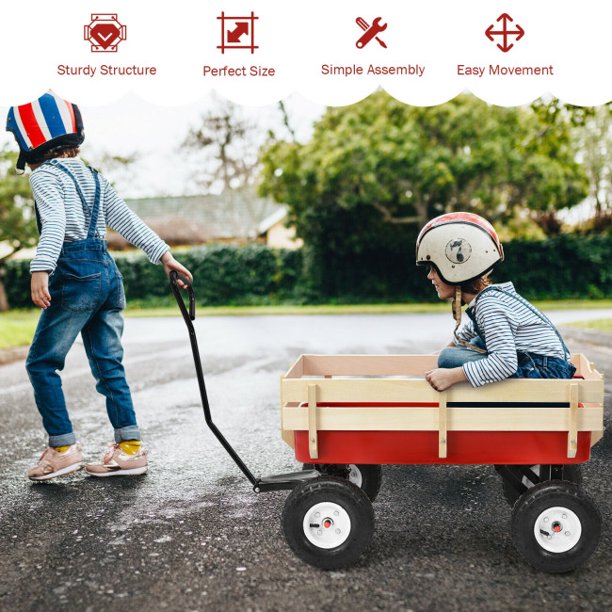 SUGIFT Outdoor Wagon Pulling Children Kid Garden Cart with Wood Railing