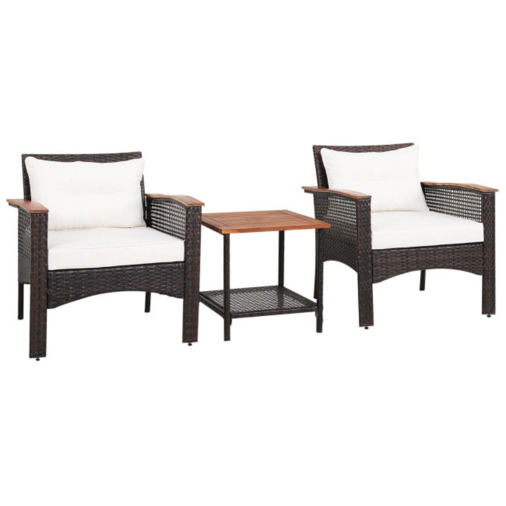 3-Pieces Rattan Outdoor Patio Conversation Set with White Cushions
