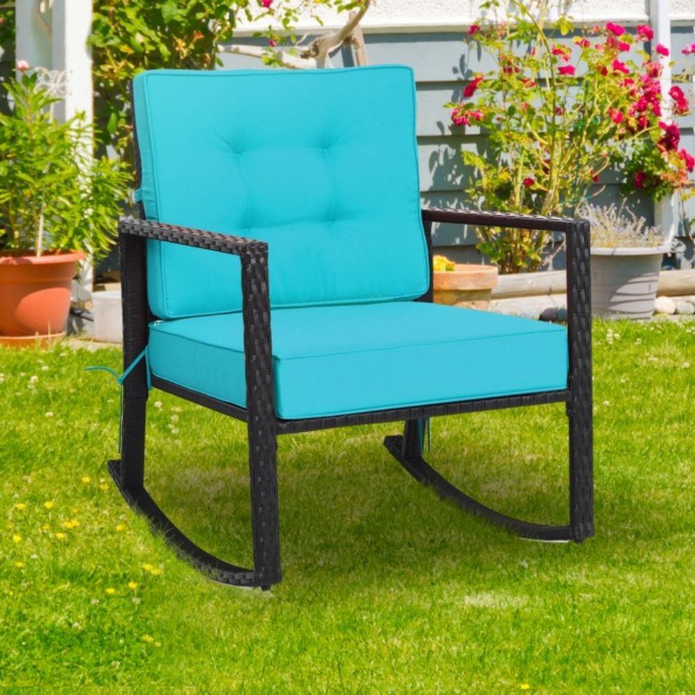 Patio Rattan Wicker Rocking Chair Outdoor Rocking Chair with Turquoise Cushions