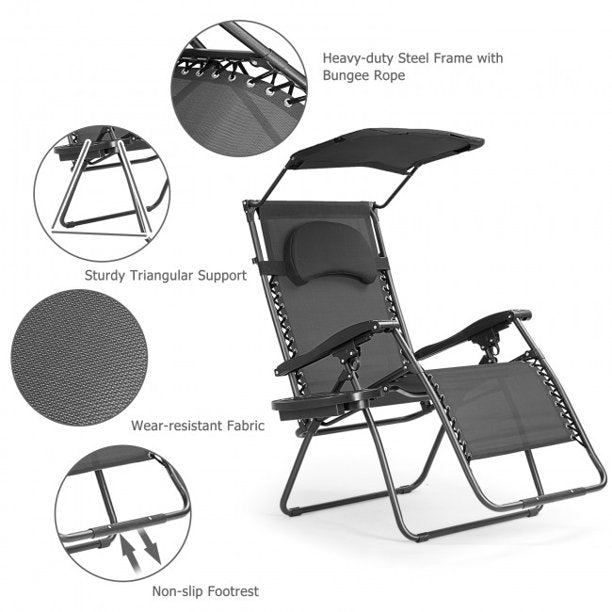 Folding Recliner Lounge Chair with Shade Canopy Cup Holder For Beach Swimming Pool Garden