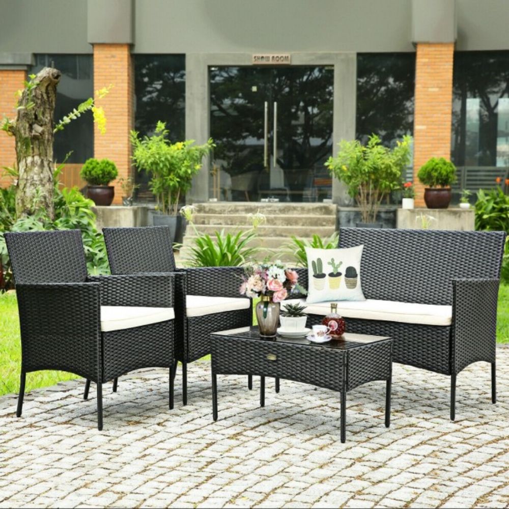 4-Piece Rattan Outdoor Conversation Seating Set with White Cushion and Patio Tempered Glass Table