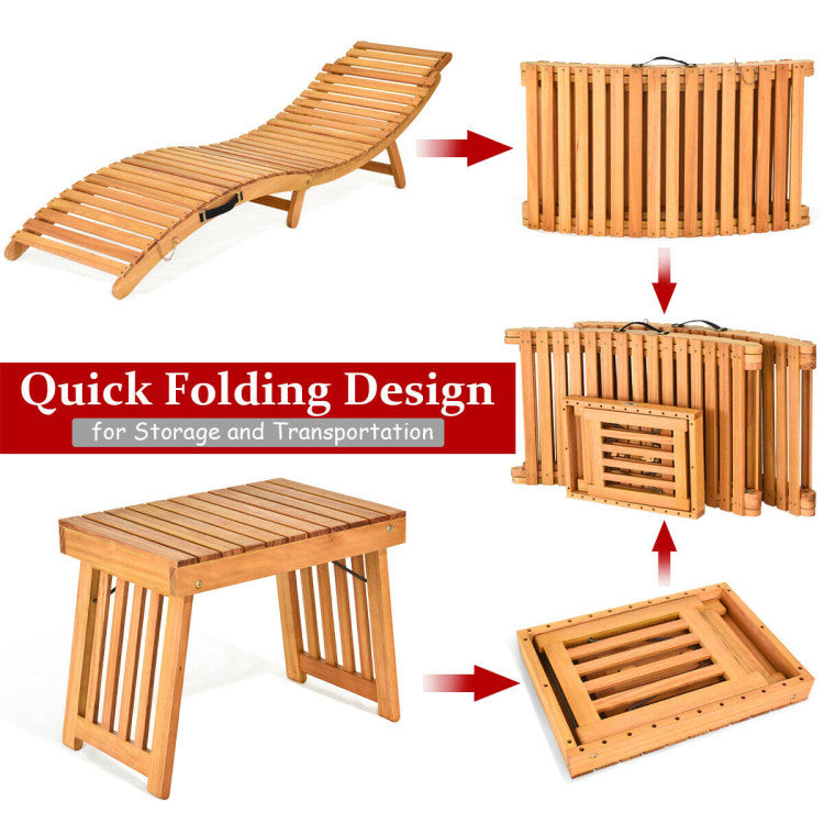 Natural 3-Pieces Wood Folding Outdoor Chaise Lounge Sunlounger Chair with Red/White Cushion