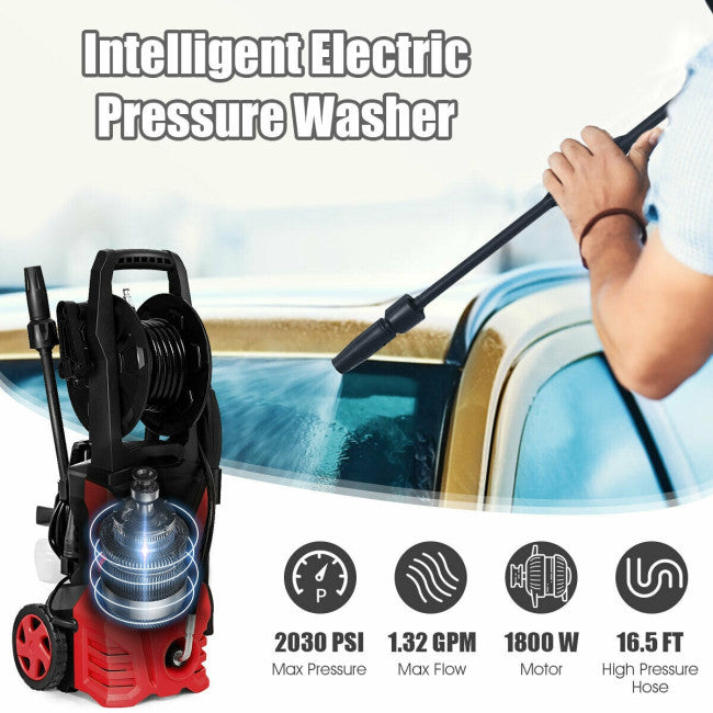 SUGIFT Electric Portable High Pressure Washer with Hose Reel,2030PSI Washer Cleans Cars/Fences/Patios,Red