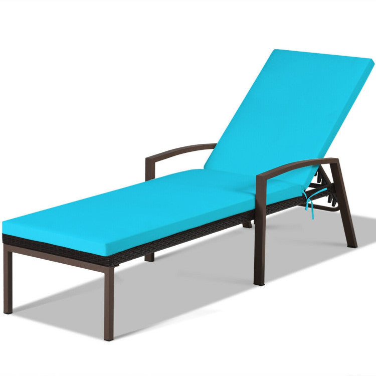 Brown Wicker Outdoor Patio Chaise Lounge Chair Adjustable Recliner with Green Cushions