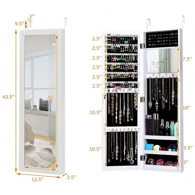 SUGIFT Wall Door Mounted Mirrored Jewelry Cabinet Storage Organizer,White
