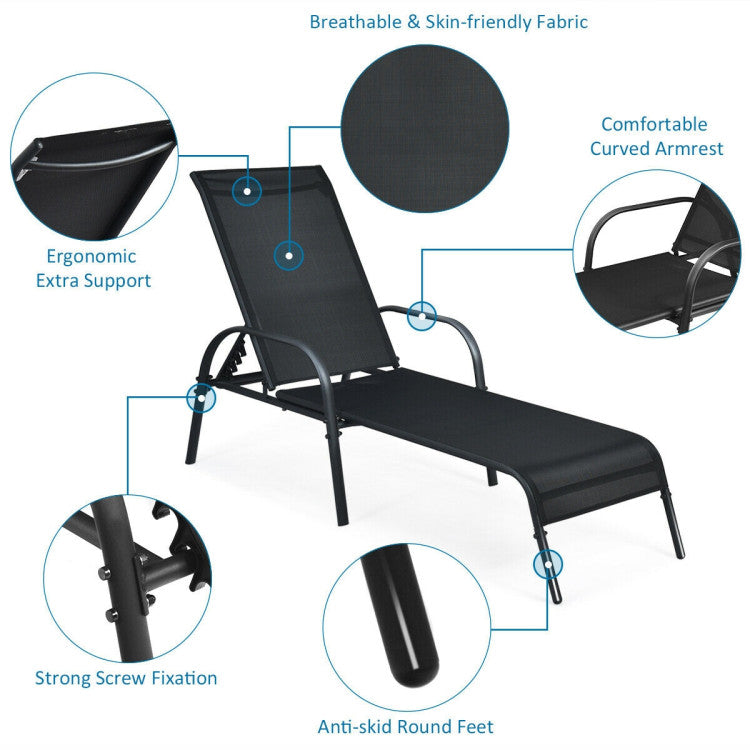 2-Piece Metal Adjustable Outdoor Chaise Lounges Chairs with Adjustable Reclining Armrest in Black