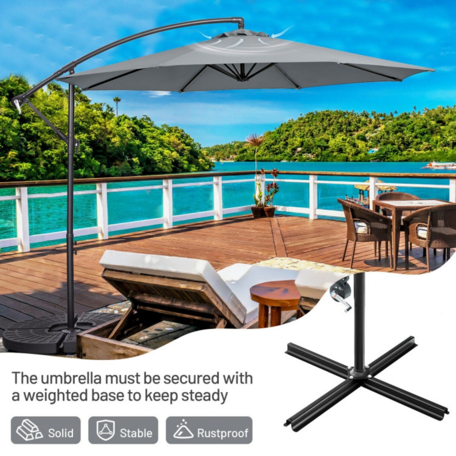 SUGIFT 10 Feet Offset Umbrella with 9 Ribs Cantilever and Cross Base,Gray