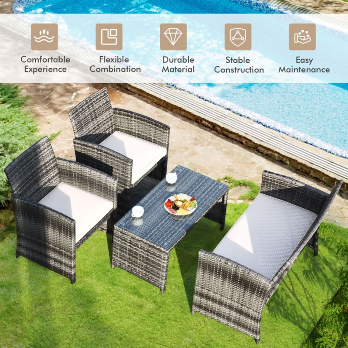 Mixed Grey 4-Piece Wicker Patio Conversation Set with Beige Cushions