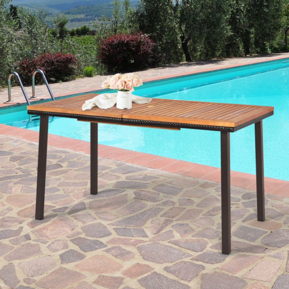 55 in. Patio Wood Rattan Outdoor Dining Table with Acacia Wood Tabletop and Umbrella Hole