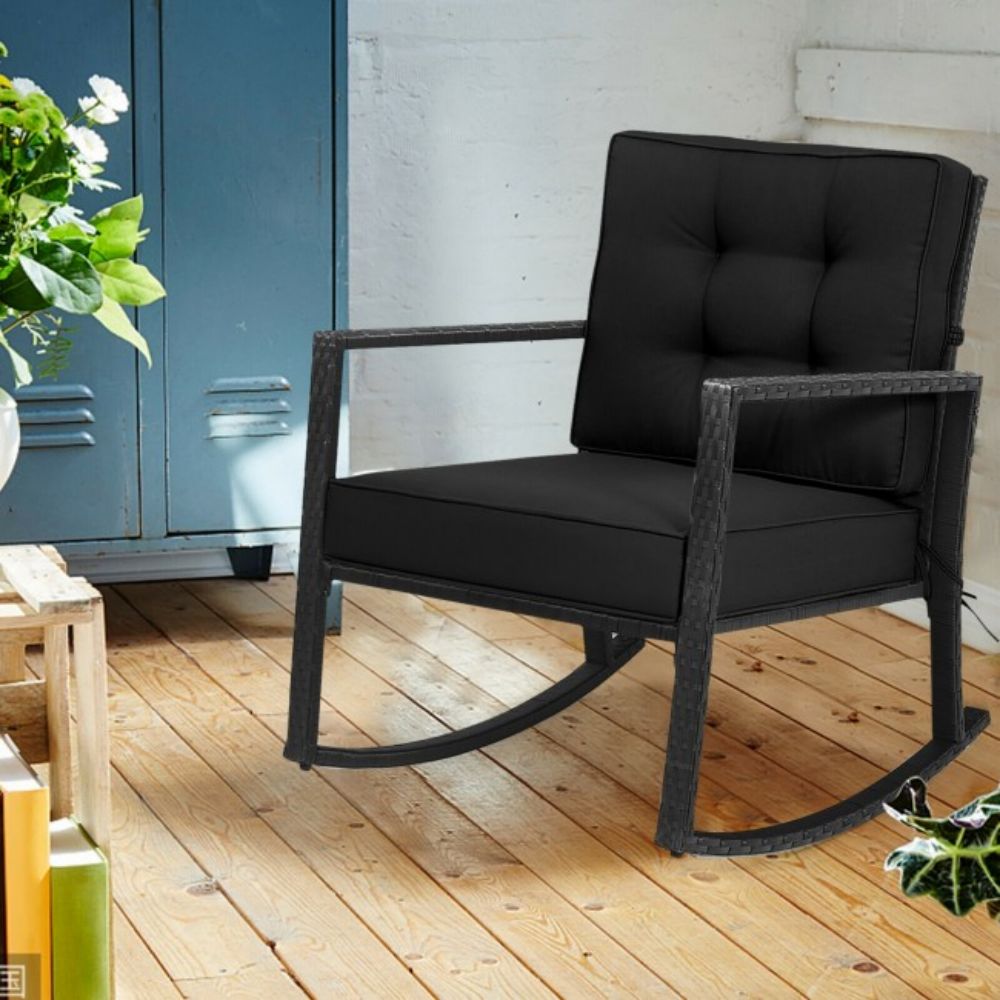 Patio Rattan Wicker Rocking Chair Outdoor Rocking Chair with Black Cushions