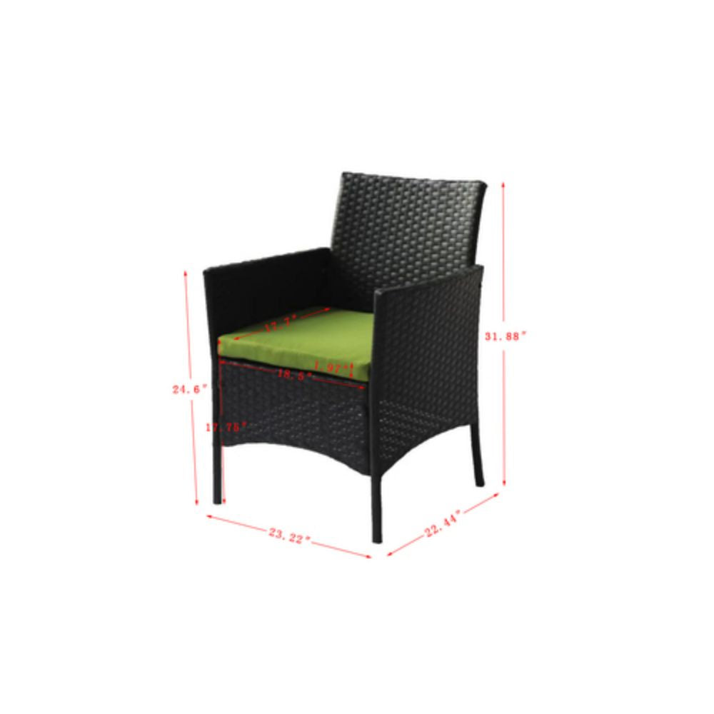 4-Piece Outdoor Wicker Conversation Furniture Set with Green Cushions and Tempered Glass Table