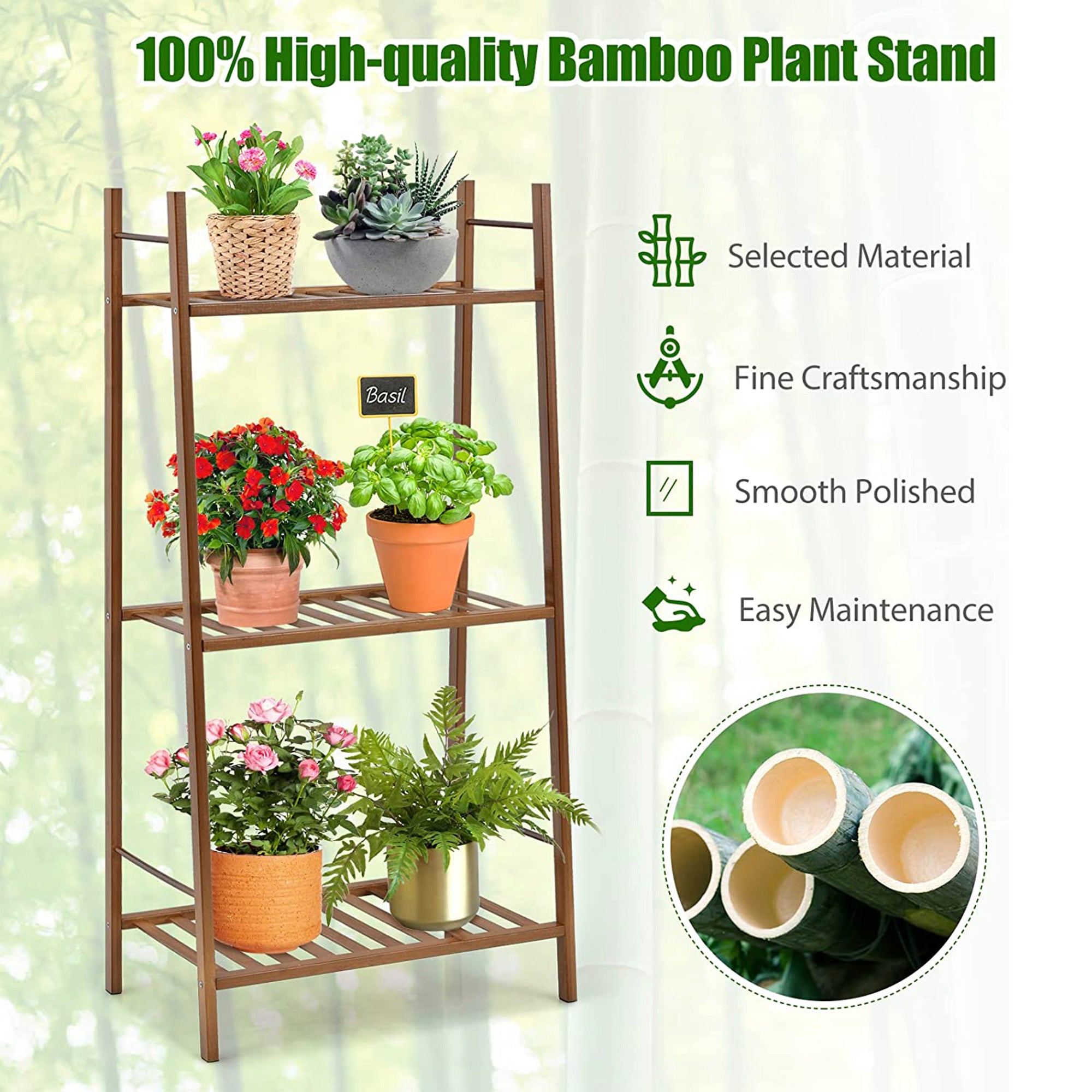Indoor/Outdoor Brown Bamboo Wood Ladder Plant Stand Display Holder (3-Tier)