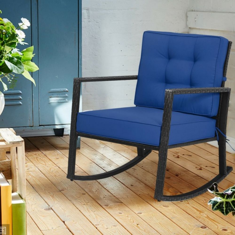 Patio Rattan Wicker Rocking Chair Outdoor Rocking Chair with Navy Cushions