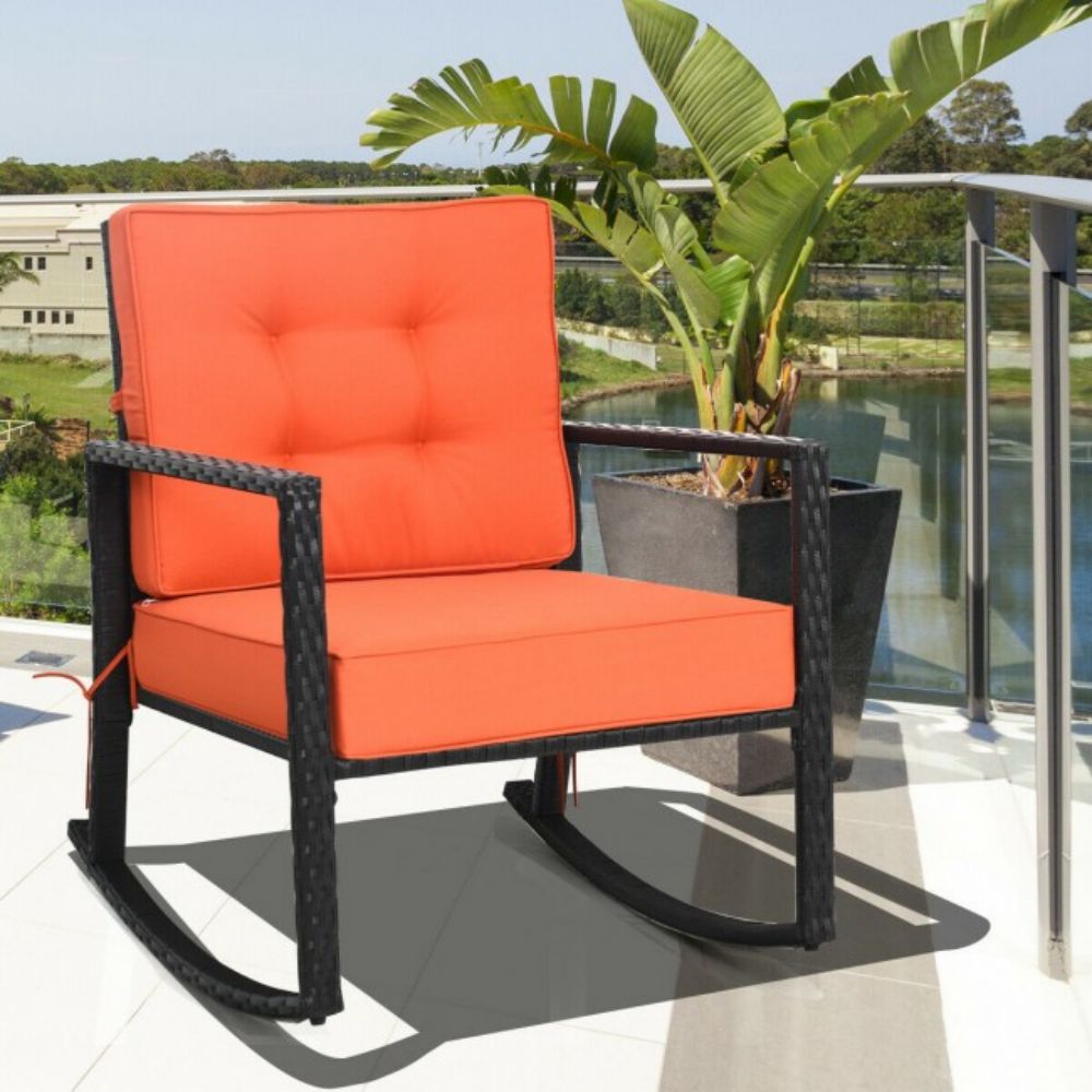 Patio Rattan Wicker Rocking Chair Outdoor Rocking Chair with Orange Cushions
