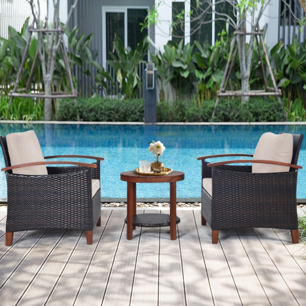 3-Pieces Outdoor Wicker Wooden Frame Patio Conversation Furniture Set with Beige Cushion
