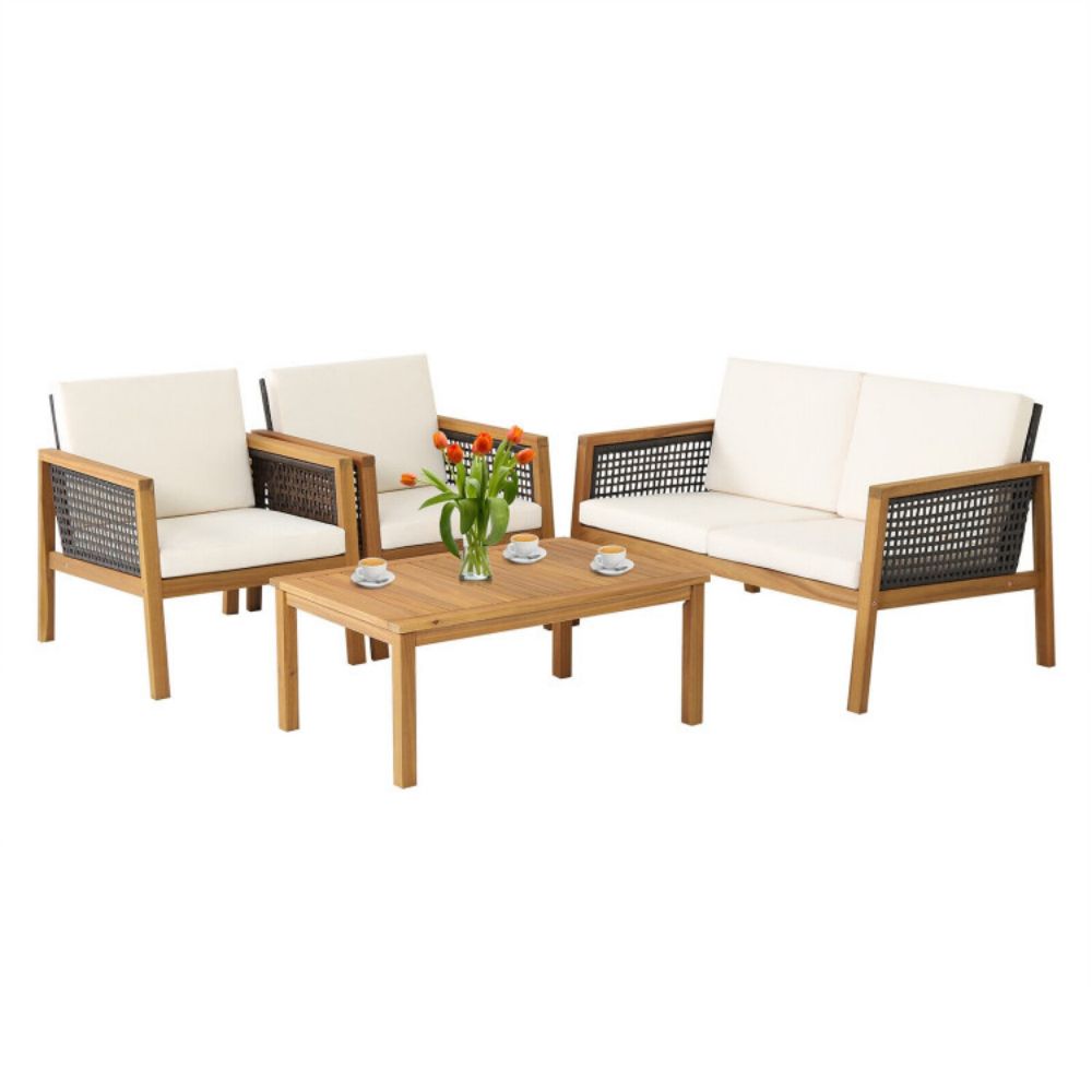 4-Pieces Wooden Outdoor Patio Conversation Set with White Cushions