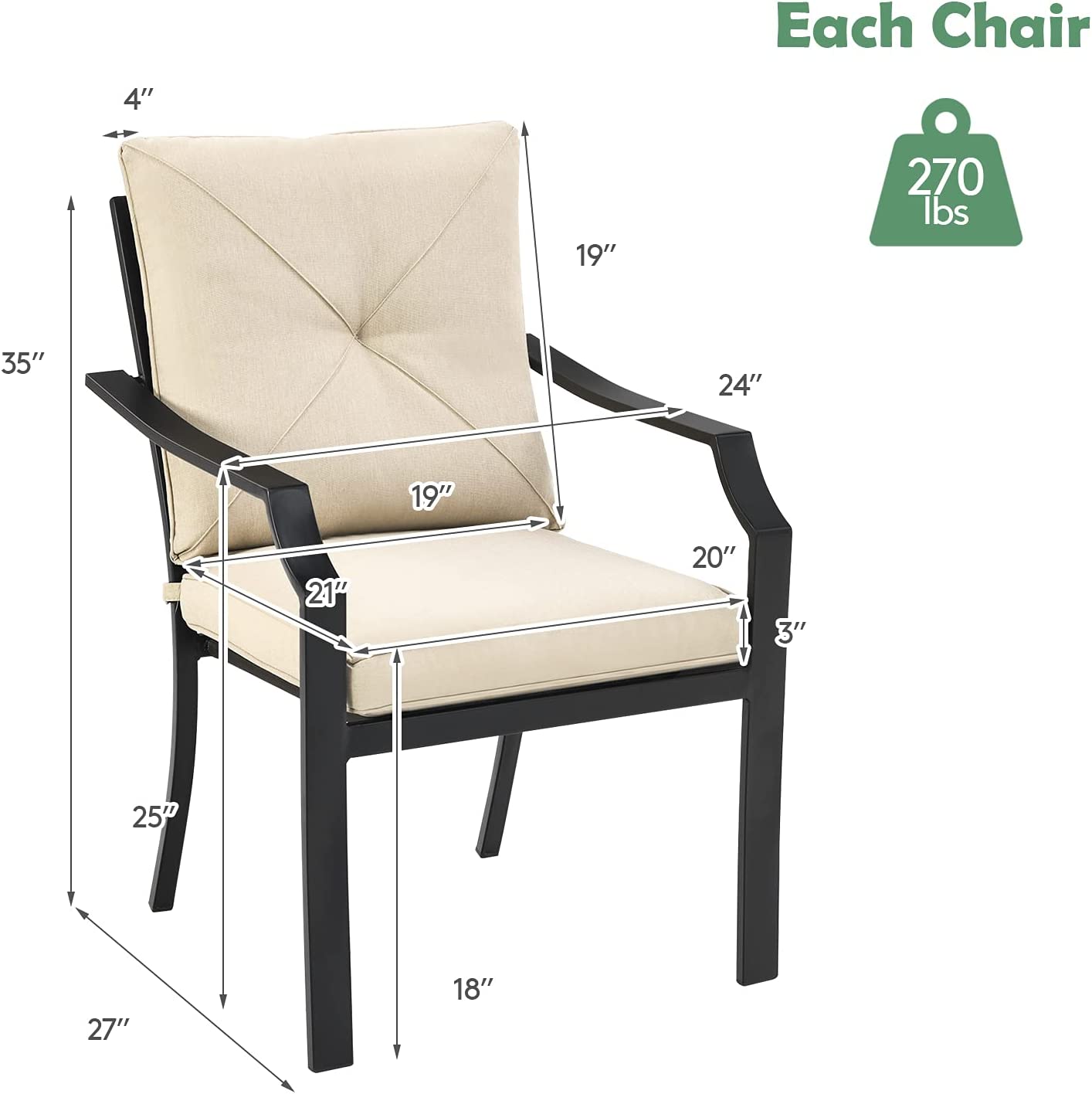 4-Pieces Steel Outdoor Dining Chairs with Removable Beige Cushions