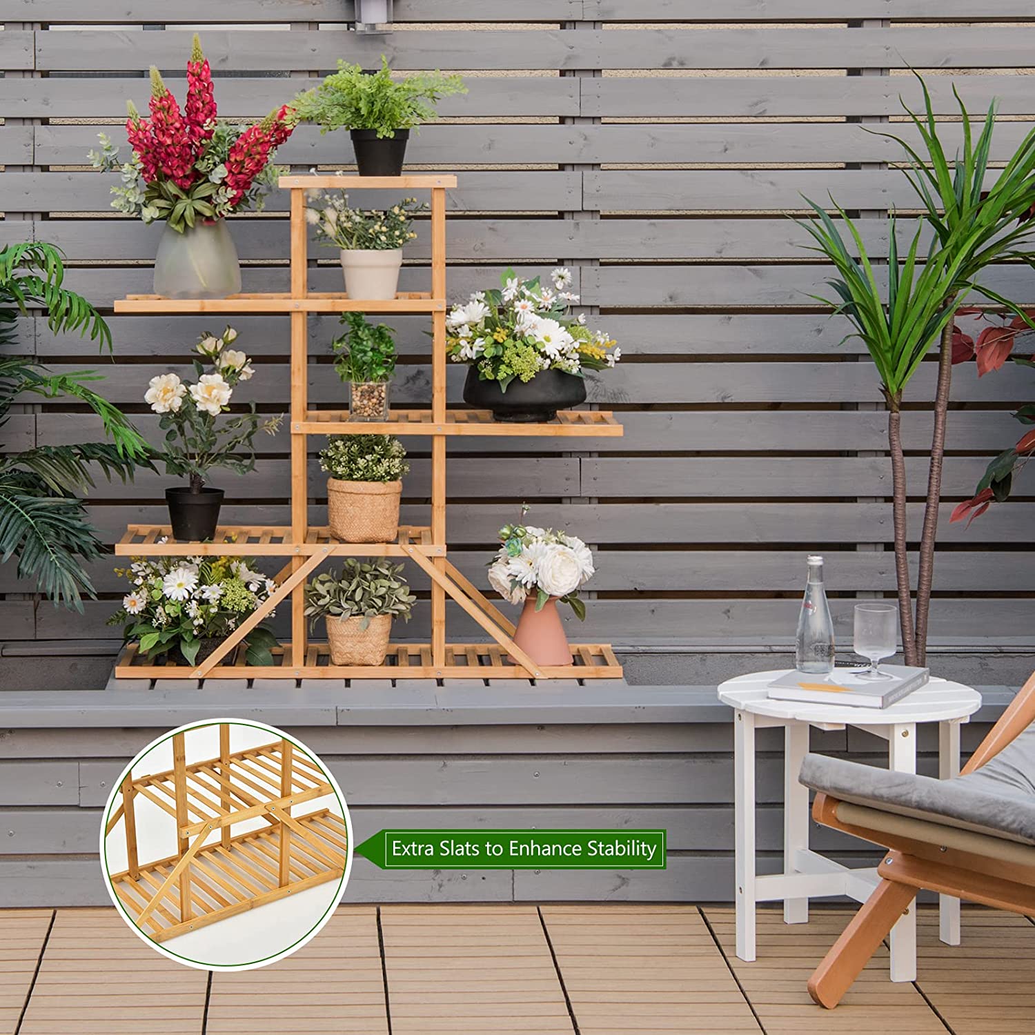 Indoor/Outdoor Natural Wood Plant Stand 10 Potted Plant Shelf Display Holder (5-Tier)