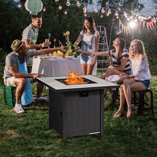Propane Fire Pit Table, 30 inch 50000 BTU Square Gas Firepits w/ Ceramic Tabletop, Emboss Gas Heater w/ Lava Rock, Waterproof Cover