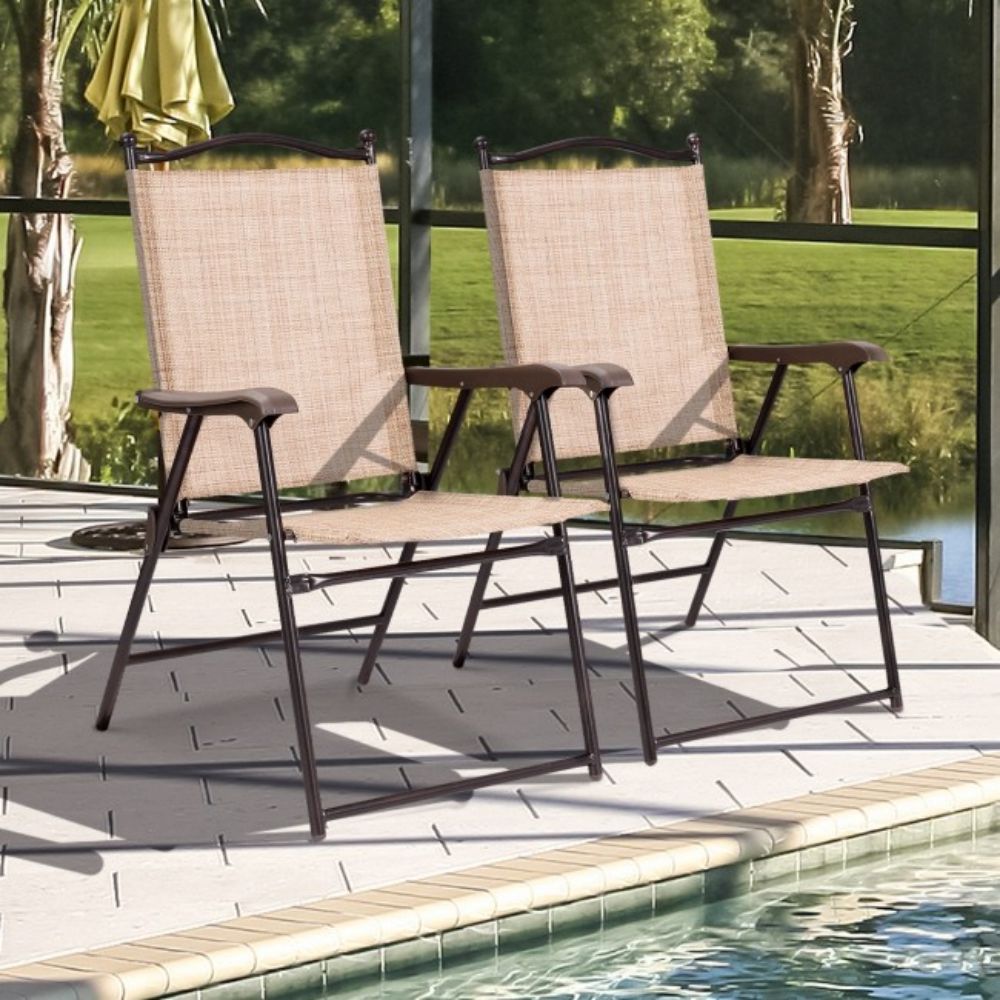 Beige Steel Folding Sling Outdoor Dining Chair (Set of 2)