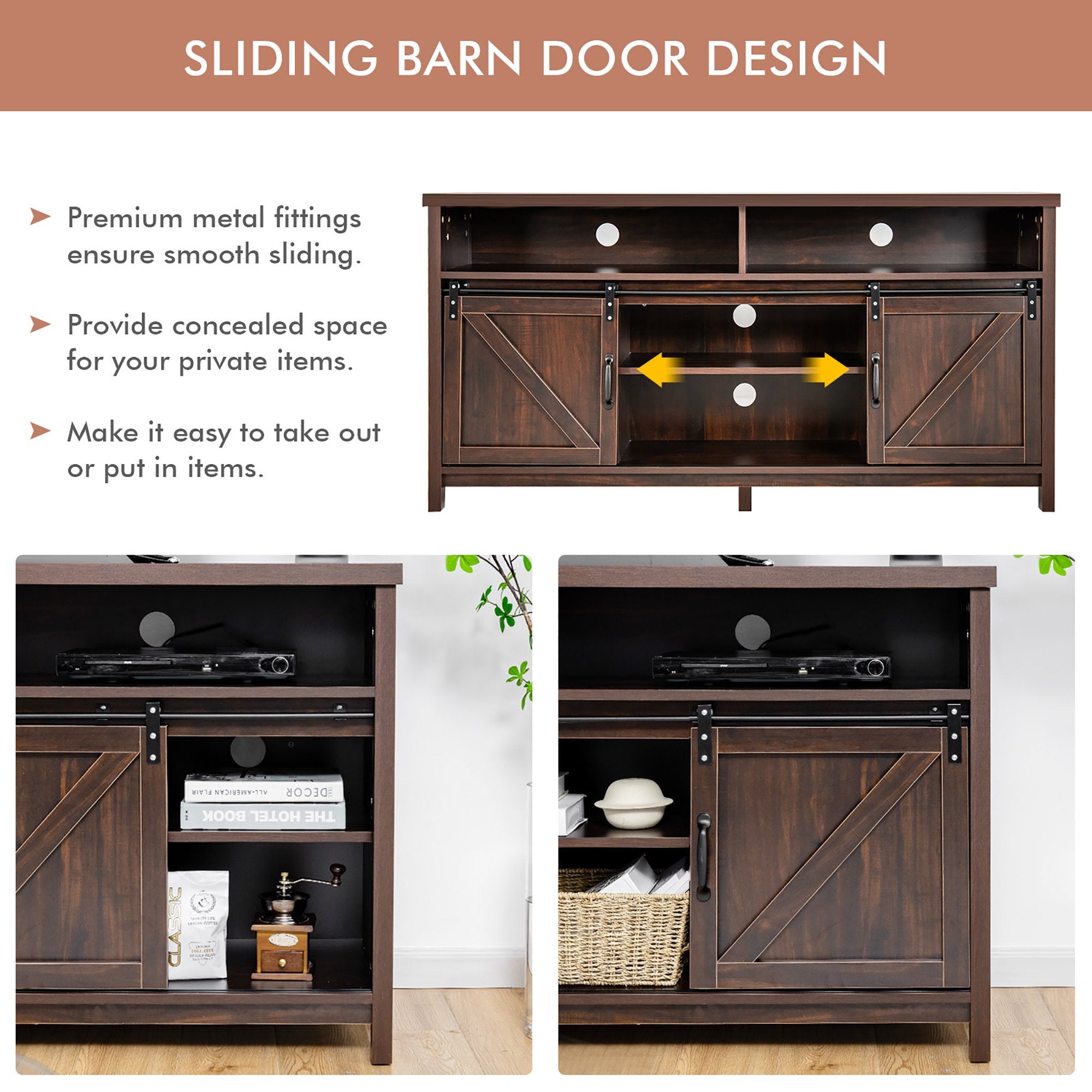 SUGIFT 59 Inch TV Stand with Sliding Double Barn Door for TVs up to 65 Inch Brown