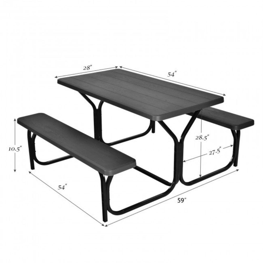 All-Weather Metal Outdoor Picnic Table Bench Set with Metal Base Wood