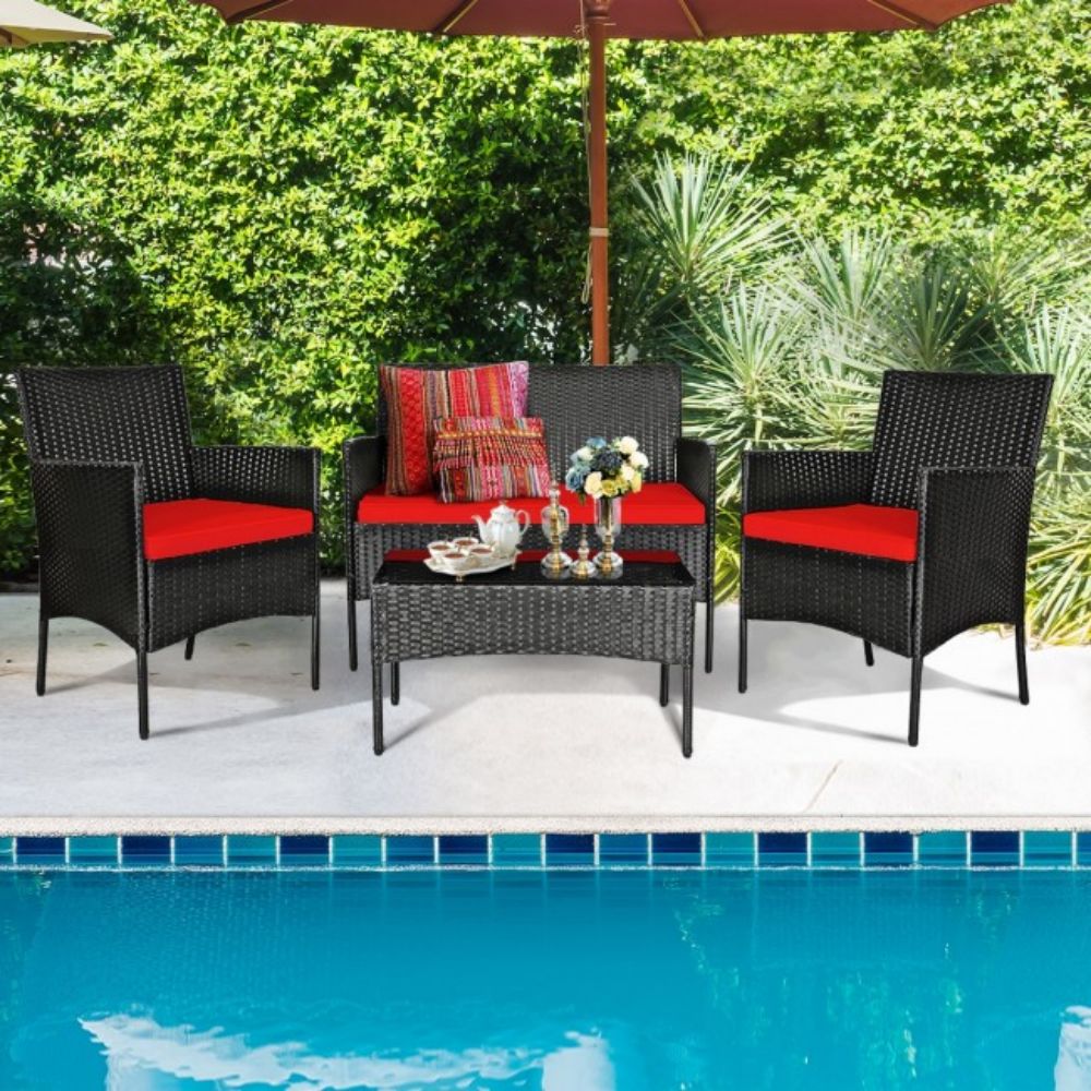 4-Piece Rattan Outdoor Conversation Seating Set with Red Cushion and Patio Tempered Glass Table