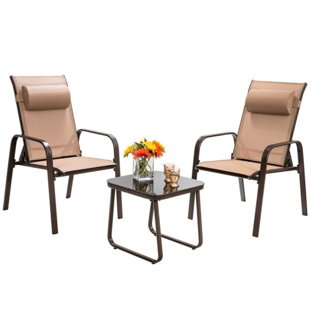 Brown 3-Pieces Metal Stackable Outdoor Patio Bistro Conversation Set with Adjustable Backrest
