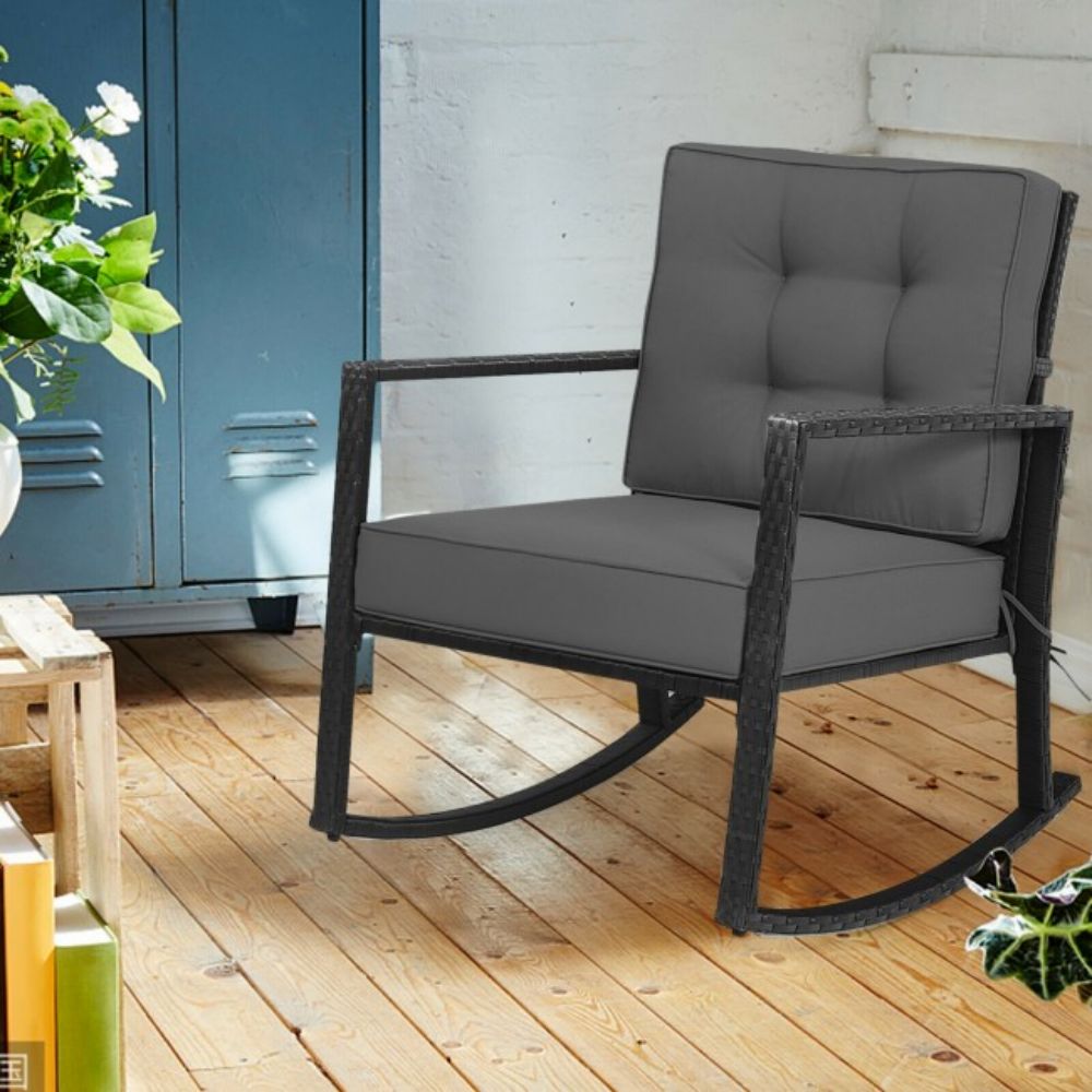 Patio Rattan Wicker Rocking Chair Outdoor Rocking Chair with Gray Cushions