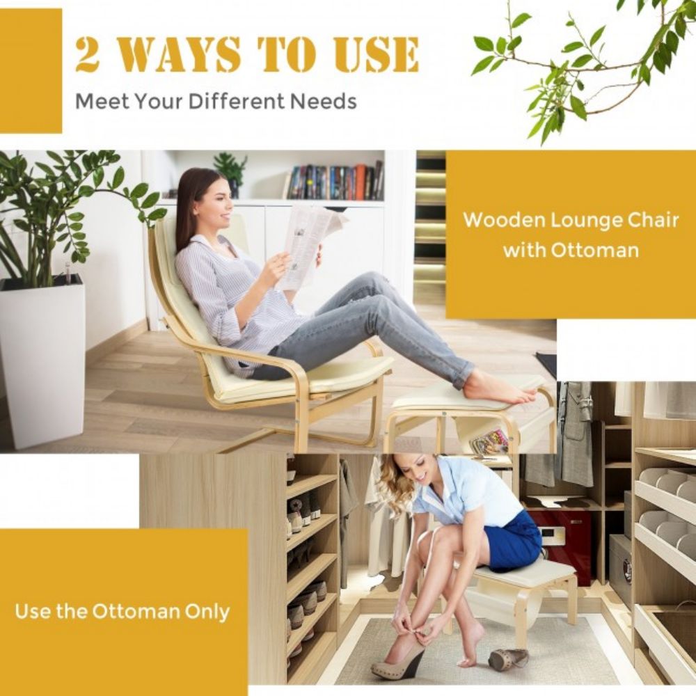 Wooden Outdoor Lounge Chair and Ottoman with White Cushion