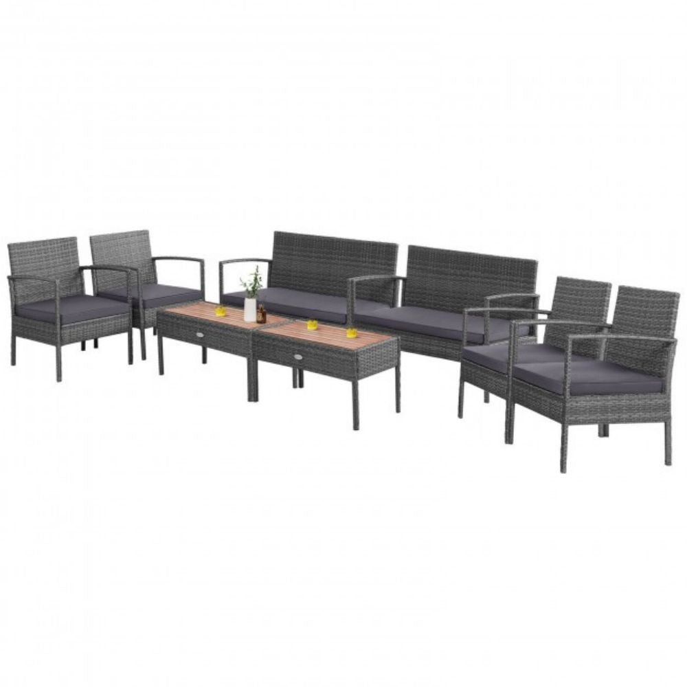 4-Piece Rattan Patio Conversation Furniture Set with Acacia Wood Tabletop and Gray Cushions